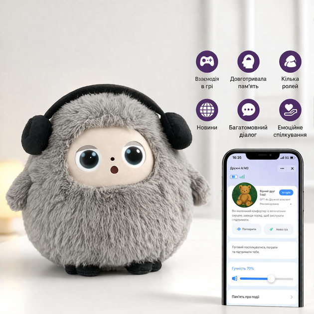 Іграшка зі штучним інтелектом Bobo/інтерактивна плюшева іграшка BOBO з AI, голосом і LED очима/ Розумна іграшка 22х25 см Сірий - Фото 3 Іграшка зі штучним інтелектом Bobo/інтерактивна плюшева іграшка BOBO з AI, голосом і LED очима/ Розумна іграшка 22х25 см Сірий - зображення 3