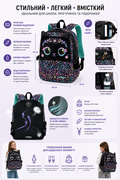 Рюкзак Smiggle Cat Backpack с ушками и принтом котиков — школьный рюкзак для девочек A4 20L - изображение 7