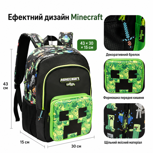 Большой школьный рюкзак Minecraft Smiggle 42×30×15 см для 3–6 класса | Легкий детский рюкзак с карманами - изображение 5