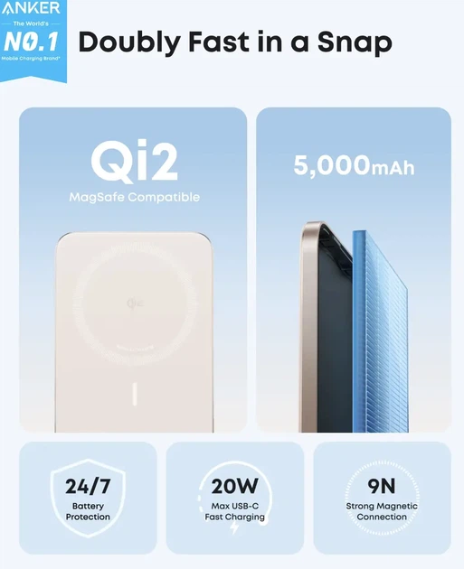 Ультратонкий магнитный внешний аккумулятор Anker Nano Air 2 5000 мАч для iPhone, вес 118 г, с MagSafe - изображение 5