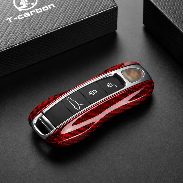 Карбоновые накладки для ключа T-Carbon Porsche Boxster 911 Cayenne Macan Cayman Panamera Taycan Red - изображение 3