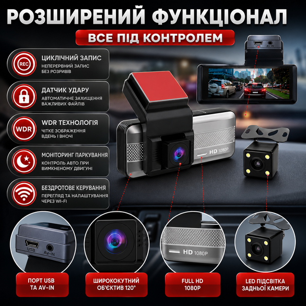 Автомобильный видеорегистратор с двумя камерами Wi-Fi Full HD 1080p для легковых и грузовых автомобилей черный SK_712991А12 - изображение 4