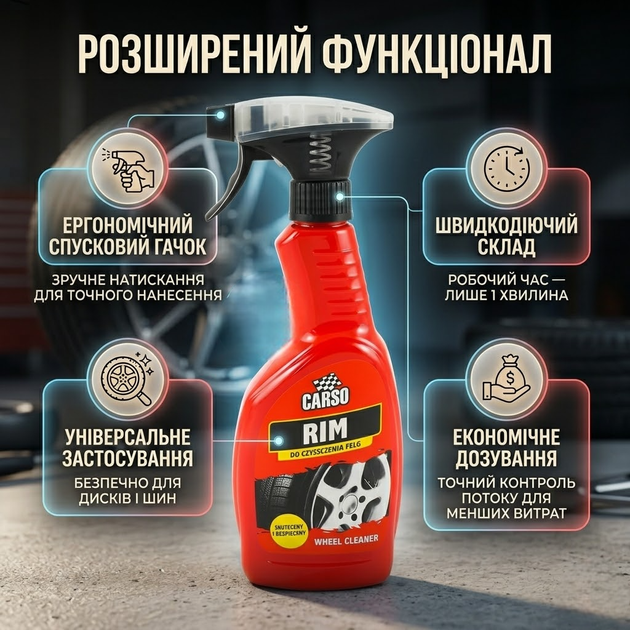 Очисник дисків Carso 500г спрей для колісних дисків та ковпаків авто догляд за автомобілем чорний SK_C165А12 - зображення 4