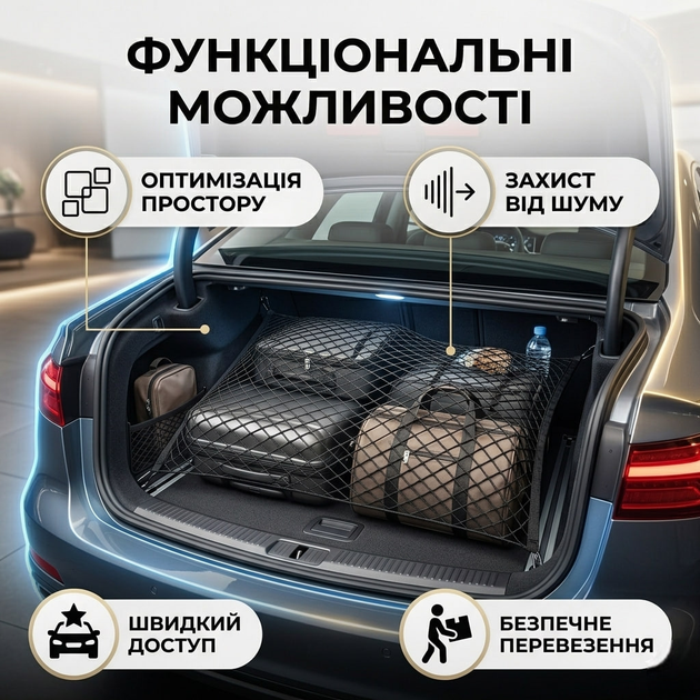 Сітка в багажник універсальна 60х115см чорна для надійного кріплення багажу в автомобілі. SK_TN069А12 - зображення 4