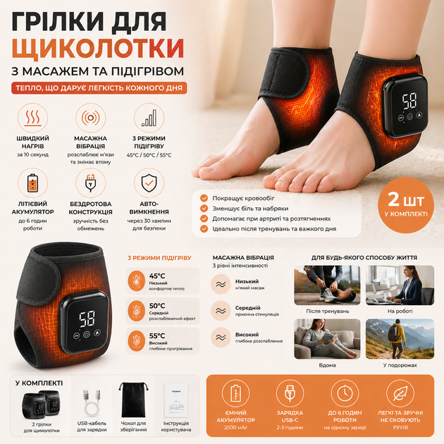 Грелки для щиколотки 2 шт - массажер с подогревом, беспроводной, 3 режима, аккумулятор, авто-выключение - Фото 1 Грелки для щиколотки 2 шт - массажер с подогревом, беспроводной, 3 режима, аккумулятор, авто-выключение - изображение 1