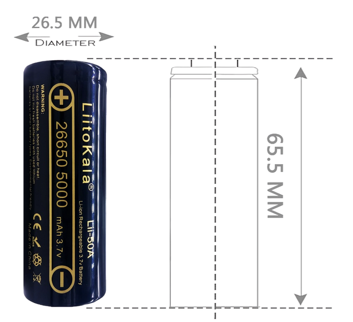 Акумулятор високотоковий 26650 LiitoKala Lii-50A-JT 5000mAh - Фото 2 Акумулятор високотоковий 26650 LiitoKala Lii-50A-JT 5000mAh - изображение 2