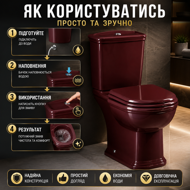 Унитаз с бачком Rak Ceramics Комплект Напольный Бордовый Туалетная чаша для ванной комнаты сантехника бордовая SK_707864А12 - изображение 3