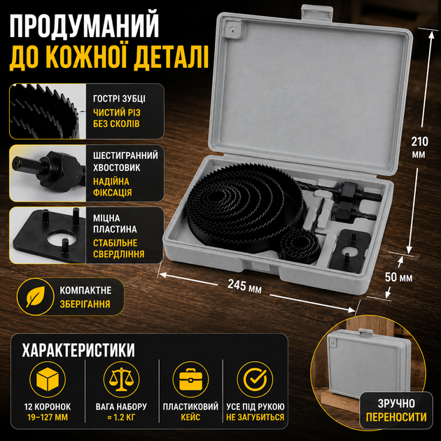 Коронки по дереву набірні Sigma Ø19 22 29 32 38 44 51 64 76 89 102 127 мм для свердління отворів у дереві корончасті білі SK_1520161А12 - Фото 4 Коронки по дереву набірні Sigma Ø19 22 29 32 38 44 51 64 76 89 102 127 мм для свердління отворів у дереві корончасті білі SK_1520161А12 - зображення 4