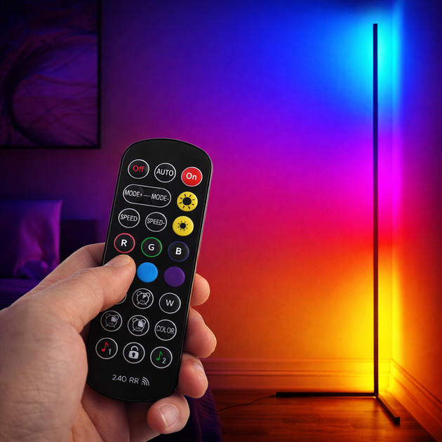 Угловая напольная RGB лампа с управлением через приложение Magic Lantern: светодиодный торшер с пультом, музыкальный режим, таймер, 100+ эффектов, питание от USB, минималистичный дизайн для гостиной и спальни, регулировка яркости, Черный - изображение 2