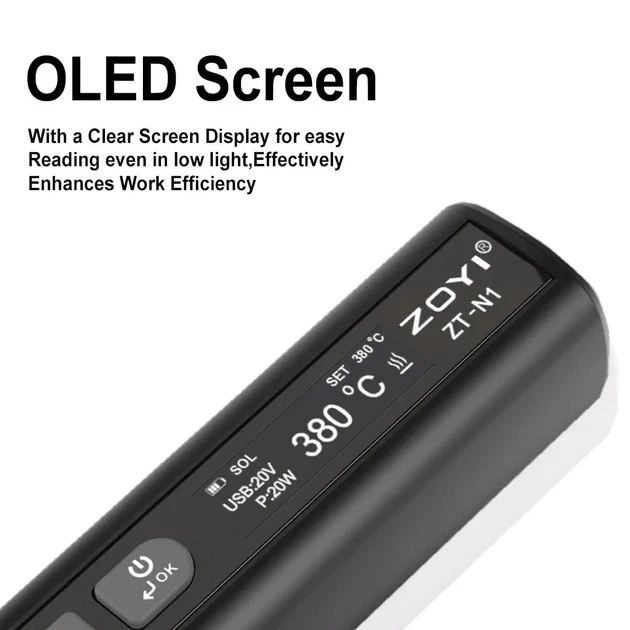 Паяльник ZOYI ZT-N1 96W USB Type-C PD/QC з OLED дисплеєм — портативний смарт паяльник з регулюванням температури 100-450°C - зображення 6