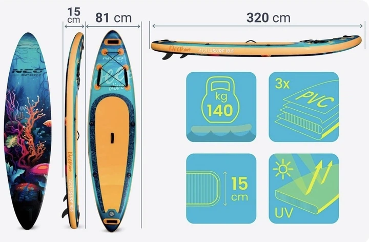 Nadmuchiwana deska SUP Neo Sport Aquasurf 320 x 84 x 15 cm Zestaw 170214 (5903890632625) - obraz 6