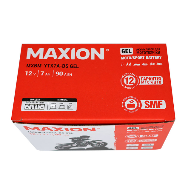 Гелиевый мото аккумулятор 12V 7Ah MAXION YTX7A-BS GEL для скутера мопеда - изображение 6