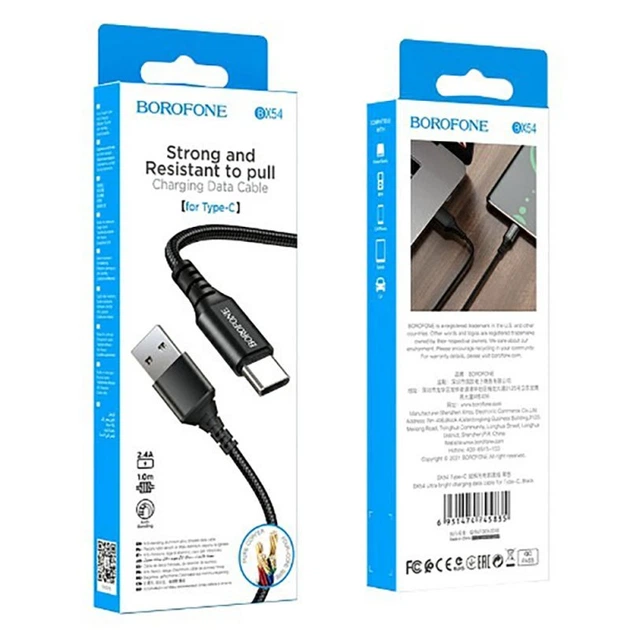 Кабель BOROFONE BX54 Ultra bright Type-C 1m 2.4A Black (6931474745835) - Фото 2 Кабель BOROFONE BX54 Ultra bright Type-C 1m 2.4A Black (6931474745835) - зображення 2