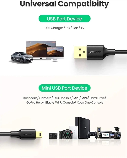 Кабель UGREEN USB 2.0 A Male to Mini 5 Pin Male Cable 1.5m (Black) (UGR-10385) - Фото 4 Кабель UGREEN USB 2.0 A Male to Mini 5 Pin Male Cable 1.5m (Black) (UGR-10385) - изображение 4
