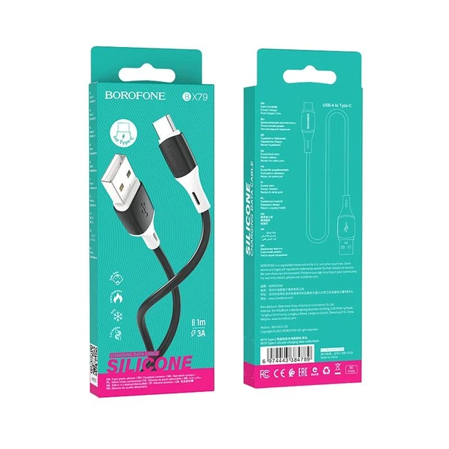 Кабель BOROFONE BX79 USB to Type-C 3A, 1m, silicone, silicone connectors, Black - Фото 2 Кабель BOROFONE BX79 USB to Type-C 3A, 1m, silicone, silicone connectors, Black - изображение 2