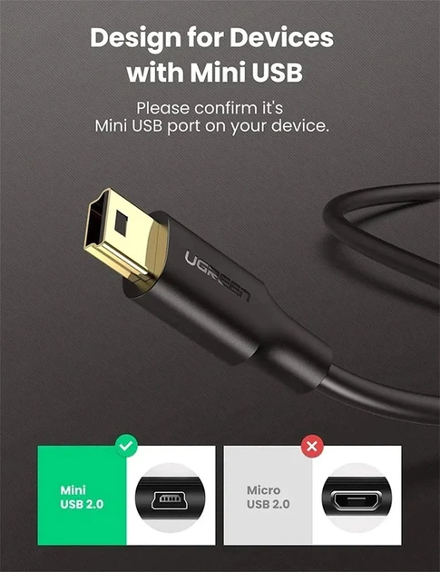 Кабель UGREEN USB 2.0 A Male to Mini 5 Pin Male Cable 3m (Black) - Фото 4 Кабель UGREEN USB 2.0 A Male to Mini 5 Pin Male Cable 3m (Black) - изображение 4