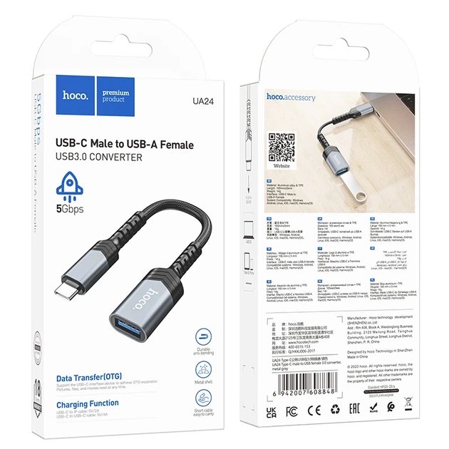 Кабель-перехідник HOCO UA24 Type-C male to USB female 3.0 converter Metal Gray - Фото 9 Кабель-перехідник HOCO UA24 Type-C male to USB female 3.0 converter Metal Gray - зображення 9