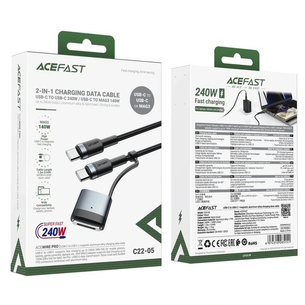 Кабель ACEFAST C22-05 USB-C to USB-C / magnetic aluminum alloy charging data cable Black - Фото 2 Кабель ACEFAST C22-05 USB-C to USB-C / magnetic aluminum alloy charging data cable Black - изображение 2