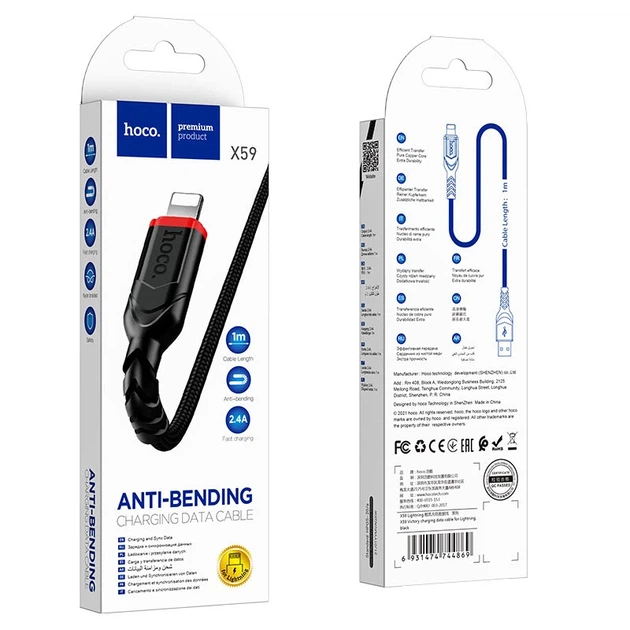 Кабель HOCO X59 USB to iP 2.4A, 1m, nylon, TPE connectors, Black - Фото 2 Кабель HOCO X59 USB to iP 2.4A, 1m, nylon, TPE connectors, Black - зображення 2