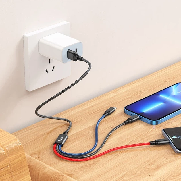 Кабель HOCO X76 USB to iP+Type-C+Micro 2A, 1m, nylon, aluminum connectors Black+Red+Blue - изображение 5