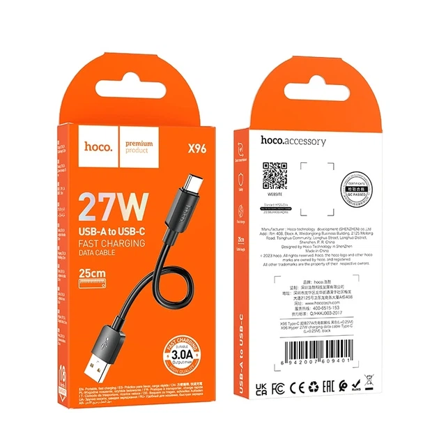 Кабель HOCO X96 Hyper 27W charging data cable Type-C (L=0.25M) Black - Фото 2 Кабель HOCO X96 Hyper 27W charging data cable Type-C (L=0.25M) Black - изображение 2