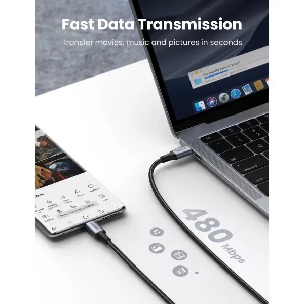 Кабель UGREEN US316 USB-C Cable Aluminum Case with Braided 2m (Black) (UGR-70429) - Фото 6 Кабель UGREEN US316 USB-C Cable Aluminum Case with Braided 2m (Black) (UGR-70429) - изображение 6