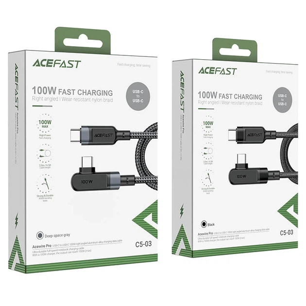 Кабель ACEFAST C5-03 USB-C to USB-C 100W right angled aluminum alloy 2m Black - Фото 2 Кабель ACEFAST C5-03 USB-C to USB-C 100W right angled aluminum alloy 2m Black - изображение 2
