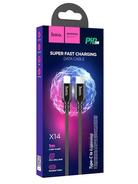 Кабель HOCO X14 Type-C to iP 3A, 20W, 1m, nylon, aluminum connectors, Black - изображение 2