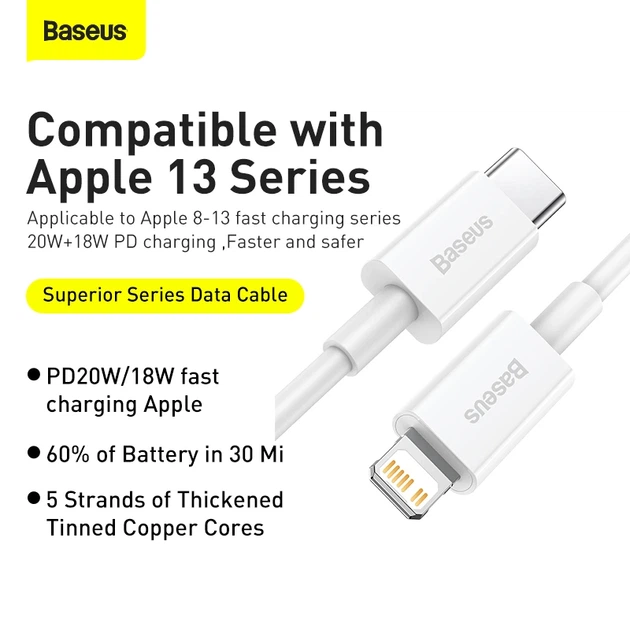 Кабель Baseus Superior Series Fast Charging Data Cable Type-C to iP PD 20W 1.5m White - изображение 7