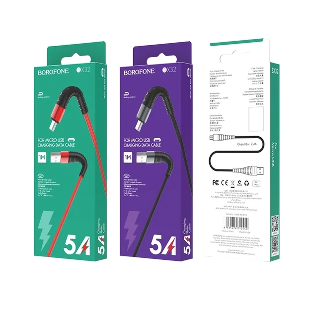 Кабель BOROFONE BX32 USB to Micro 2.4A, 1m, nylon, aluminum+TPE connectors, Black - Фото 2 Кабель BOROFONE BX32 USB to Micro 2.4A, 1m, nylon, aluminum+TPE connectors, Black - изображение 2
