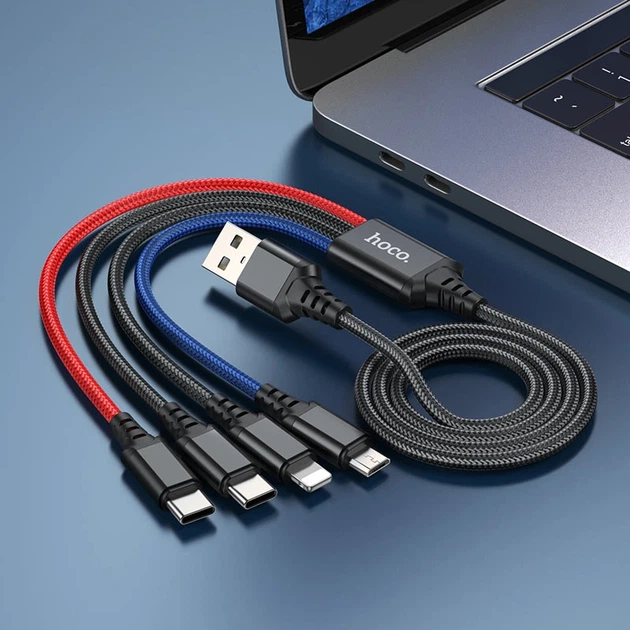 Кабель HOCO X76 USB to iP+Type-C+Type-C+Micro 2A, 1m, nylon, aluminum connectors Black+Red+Blue - Фото 4 Кабель HOCO X76 USB to iP+Type-C+Type-C+Micro 2A, 1m, nylon, aluminum connectors Black+Red+Blue - изображение 4