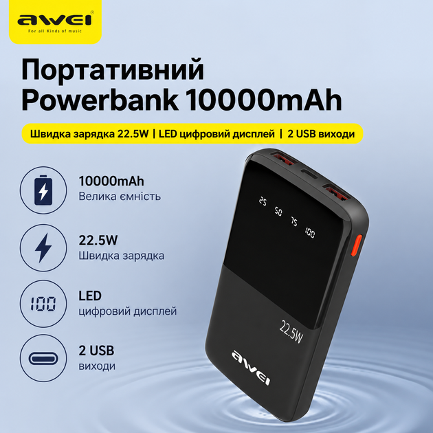 Повербанк AWEI P10K 10000 мАг 22.5 Вт швидка зарядка 2 USB та 1 Type-C чорний (10513) - зображення 2