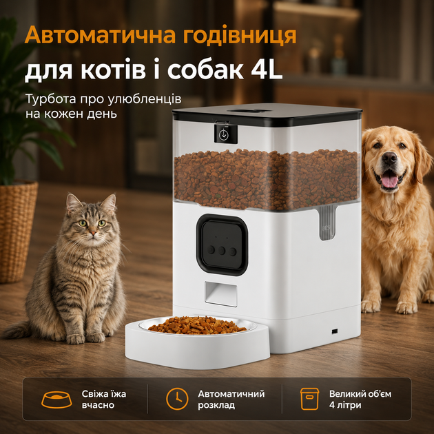 Автоматическая кормушка для кошек и собак 4L с таймером, голосом и двойным питанием, белая умная кормушка - Фото 1 Автоматическая кормушка для кошек и собак 4L с таймером, голосом и двойным питанием, белая умная кормушка - изображение 1