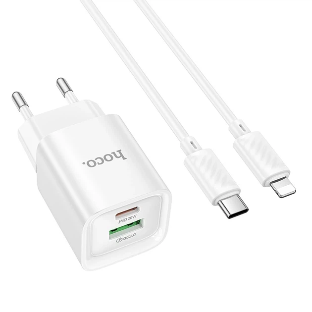 Мережевий зарядний пристрій з кабелем HOCO C147A Charm PD20W+QC3.0 charger set (C to iP)(EU) White - зображення 3