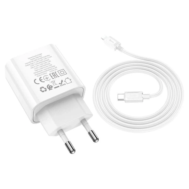 Мережевий зарядний пристрій з кабелем HOCO C80A Plus Rapido PD20W+QC3.0 charger set(C to iP) White - Фото 6 Мережевий зарядний пристрій з кабелем HOCO C80A Plus Rapido PD20W+QC3.0 charger set(C to iP) White - зображення 6