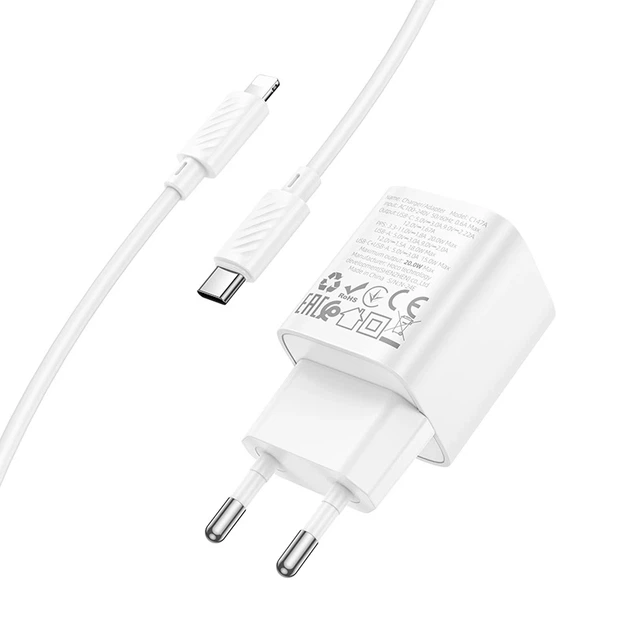 Мережевий зарядний пристрій з кабелем HOCO C147A Charm PD20W+QC3.0 charger set (C to iP)(EU) White - зображення 6