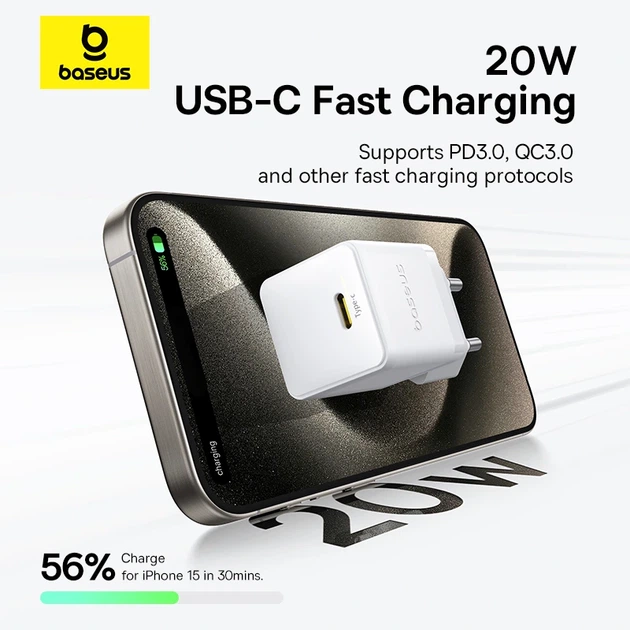 Мережевий зарядний пристрій з кабелем Baseus Palm Fast Charger 1C 20W EU Moon White (with Baseus Cable USB-C to USB-C 1m Moon White) - изображение 10