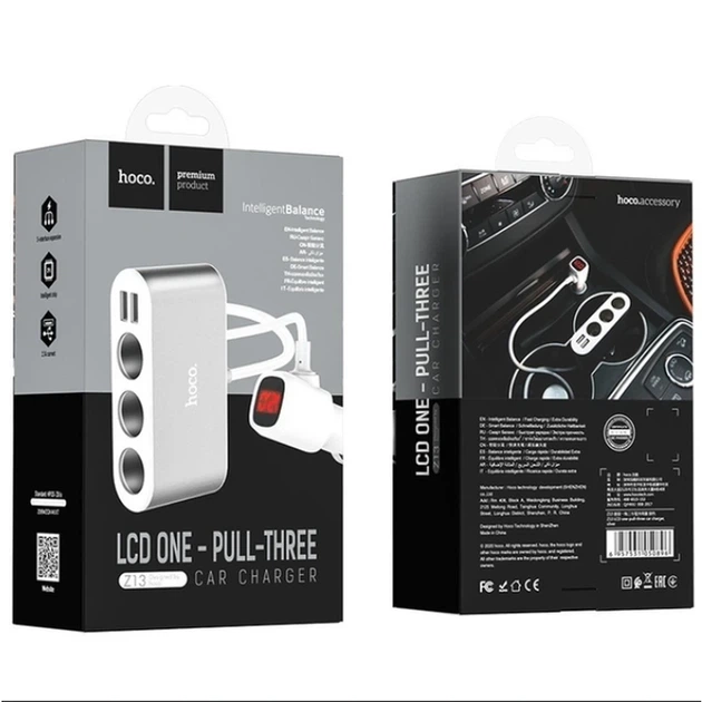 Автомобільний зарядний пристрій HOCO Z13 LCD one-pull-three car charger Silver - Фото 2 Автомобільний зарядний пристрій HOCO Z13 LCD one-pull-three car charger Silver - изображение 2