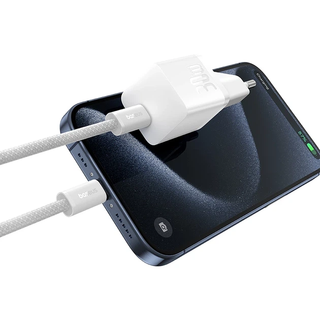 Мережевий зарядний пристрій з кабелем Baseus GaN5 Fast Charger(mini) 1C 30W EU Moon White(With: Fast Charging Data Cable Type-C) - Фото 7 Мережевий зарядний пристрій з кабелем Baseus GaN5 Fast Charger(mini) 1C 30W EU Moon White(With: Fast Charging Data Cable Type-C) - изображение 7
