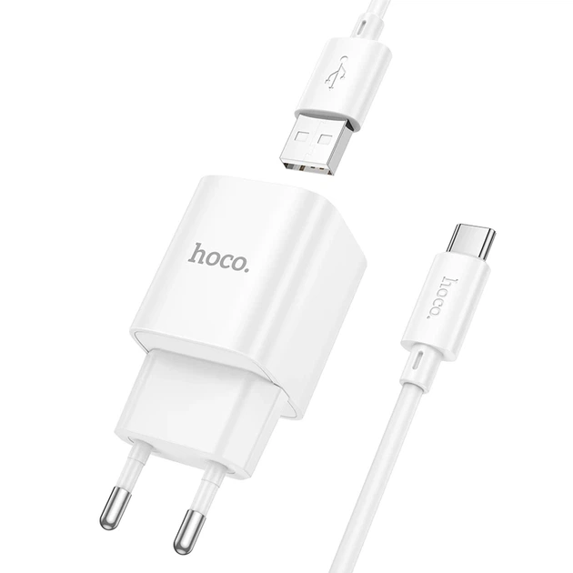 Мережевий зарядний пристрій з кабелем HOCO C145A Charm single port QC3.0 charger set(Type-C) White - Фото 4 Мережевий зарядний пристрій з кабелем HOCO C145A Charm single port QC3.0 charger set(Type-C) White - зображення 4