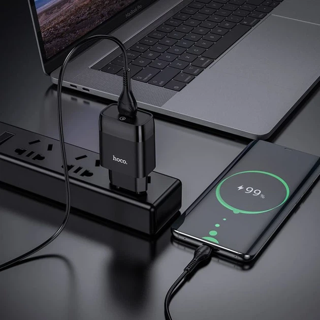Мережевий зарядний пристрій з кабелем HOCO C72Q Glorious single port QC3.0 charger set(Micro) 18W Black - зображення 5