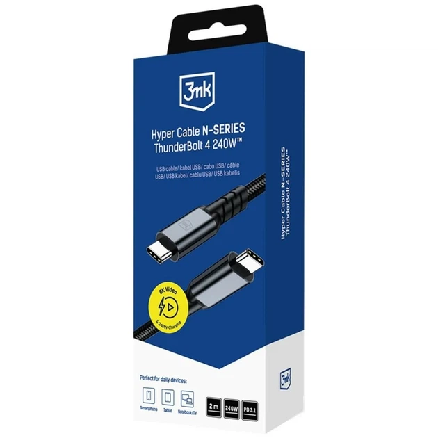 Кабель 3mk Hyper Cable N-SERIES USB-C to USB-C Thunderbolt 4 2m 48V/5A 240W Black (5903108758185) - изображение 8