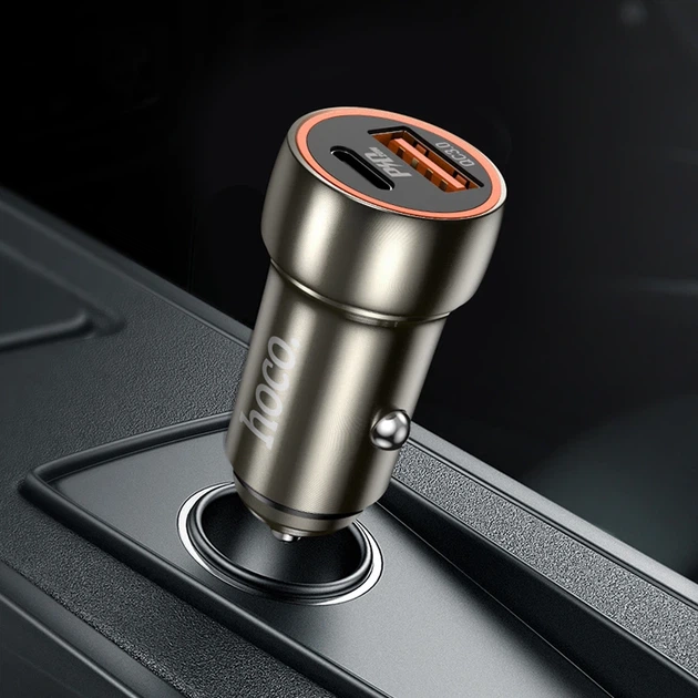Автомобільний зарядний пристрій HOCO Z46A Blue whale PD20W+QC3.0 car charger Metal Gray - изображение 5