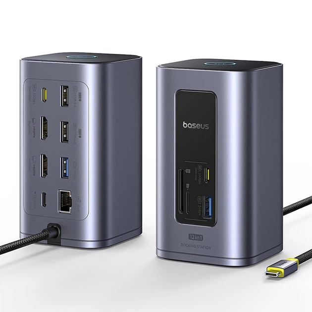 Док-станция Baseus NU1 Air Spacemate hub 12в1 USB-C - 2xHDMI 4K@60Hz 2xUSB-C 10Gb/s 2xUSB-A 5Gb/s 2xUSB-A (480Mb/s) RJ45 SD/microSD 3.0 USB-C (PD) (69 - изображение 6