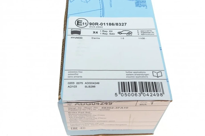Колодки гальмові BLUE PRINT ADG04249 KIA Magentis, Sportage; Hyundai Tucson, Sonata, Santa Fe, Elantra, Getz, Matrix, I30 S583022HA00, J3610507, 58302AA20 - Фото 6 Колодки гальмові BLUE PRINT ADG04249 KIA Magentis, Sportage; Hyundai Tucson, Sonata, Santa Fe, Elantra, Getz, Matrix, I30 S583022HA00, J3610507, 58302AA20 - зображення 6
