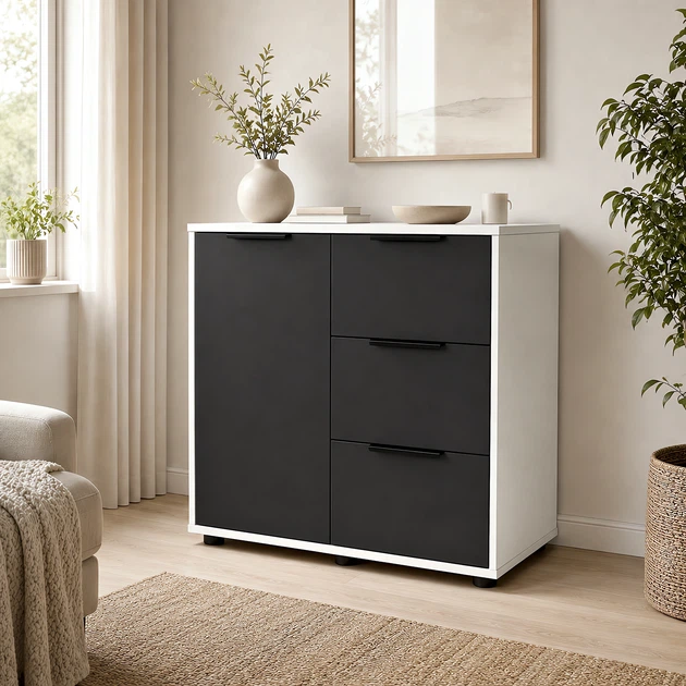 Современный комод Elva 800×450×750 с ящиками и полками для спальни, гостиной и прихожей Антрацит/Белый - Фото 1 Современный комод Elva 800×450×750 с ящиками и полками для спальни, гостиной и прихожей Антрацит/Белый - изображение 1