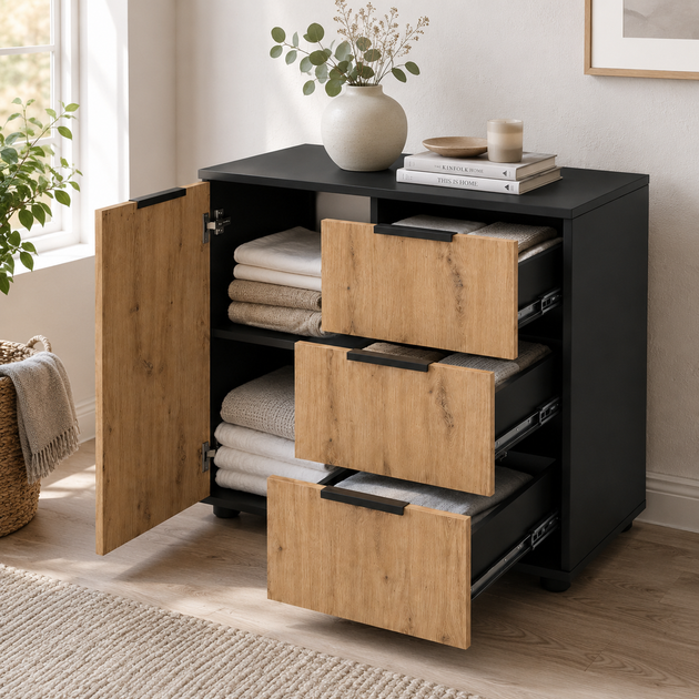 Современный комод Elva 800×450×750 с ящиками и полками для спальни, гостиной и прихожей Дуб Артизан/Антрацит - изображение 6
