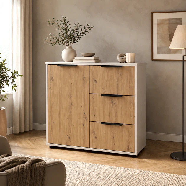 Современный комод Elva 800×450×750 с ящиками и полками для спальни, гостиной и прихожей Дуб Артизан/Белый - Фото 2 Современный комод Elva 800×450×750 с ящиками и полками для спальни, гостиной и прихожей Дуб Артизан/Белый - изображение 2