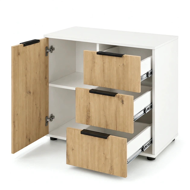 Современный комод Elva 800×450×750 с ящиками и полками для спальни, гостиной и прихожей Дуб Артизан/Белый - Фото 5 Современный комод Elva 800×450×750 с ящиками и полками для спальни, гостиной и прихожей Дуб Артизан/Белый - изображение 5