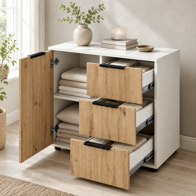 Современный комод Elva 800×450×750 с ящиками и полками для спальни, гостиной и прихожей Дуб Артизан/Белый - Фото 6 Современный комод Elva 800×450×750 с ящиками и полками для спальни, гостиной и прихожей Дуб Артизан/Белый - изображение 6
